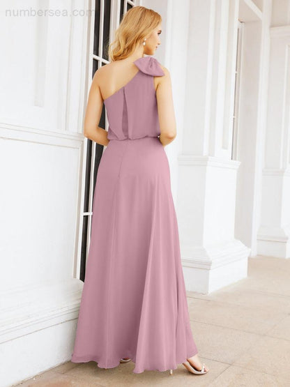 Numbersea Chiffon Ruffled One Shoulder Sleeveless Long Bride Dresses A-line Formal Evening Gown Side Split 28057-numbersea