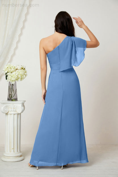 Numbersea Chiffon Ruffled One Shoulder Long Bridesmaid Dresses A-line Formal Evening Gown Side Split 2809-numbersea