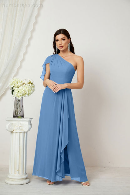 Numbersea Chiffon Ruffled One Shoulder Long Bridesmaid Dresses A-line Formal Evening Gown Side Split 2809-numbersea