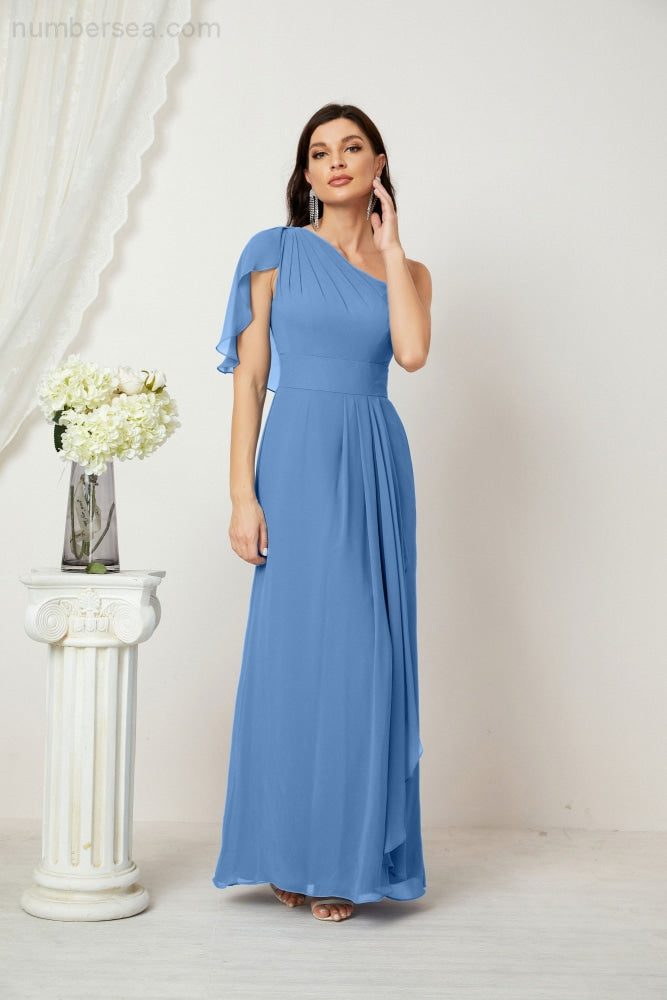 Numbersea Chiffon Ruffled One Shoulder Long Bridesmaid Dresses A-line Formal Evening Gown Side Split 2809-numbersea