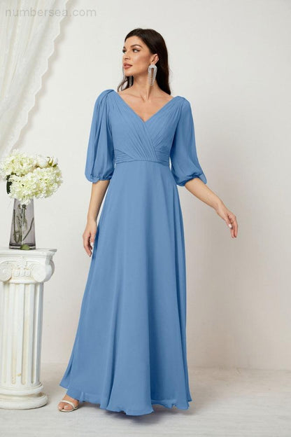 Numbersea Formal Prom Gown Women V-Neck Chiffon Bridesmaid Dresses Long Bishop Sleeve Party Dress 2807-numbersea