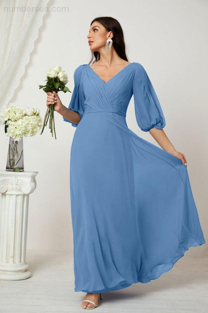 Numbersea Formal Prom Gown Women V-Neck Chiffon Bridesmaid Dresses Long Bishop Sleeve Party Dress 2807-numbersea