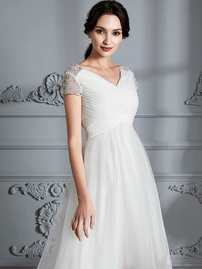 Wedding Dresses Princess V-neck Short Sleeves Asymmetrical Tulle