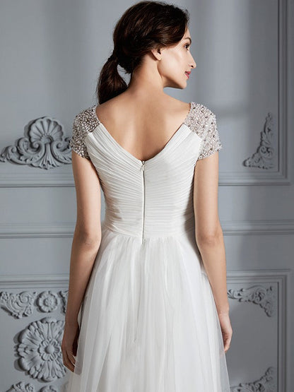 Wedding Dresses Princess V-neck Short Sleeves Asymmetrical Tulle