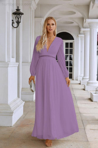 Ladies V Neck Chiffon Long Sleeve Front Slit Bridesmaid Evening Dress Wedding Party Shopping Evening Dress 28109-numbersea