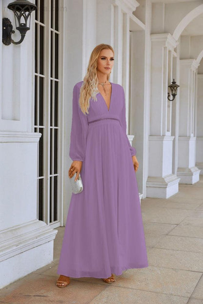 Ladies V Neck Chiffon Long Sleeve Front Slit Bridesmaid Evening Dress Wedding Party Shopping Evening Dress 28109-numbersea