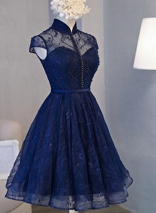 Wunderschönes marineblaues knielanges Partykleid aus Spitze, Homecoming-Kleid