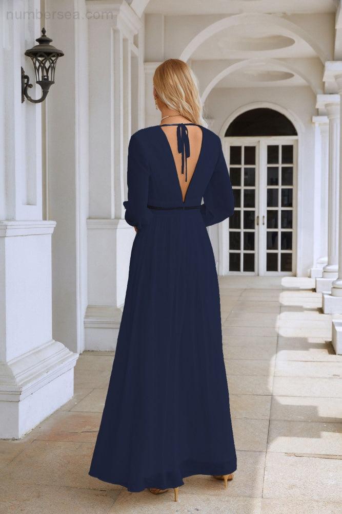 Ladies V Neck Chiffon Long Sleeve Front Slit Bridesmaid Evening Dress Wedding Party Shopping Evening Dress 28109-numbersea