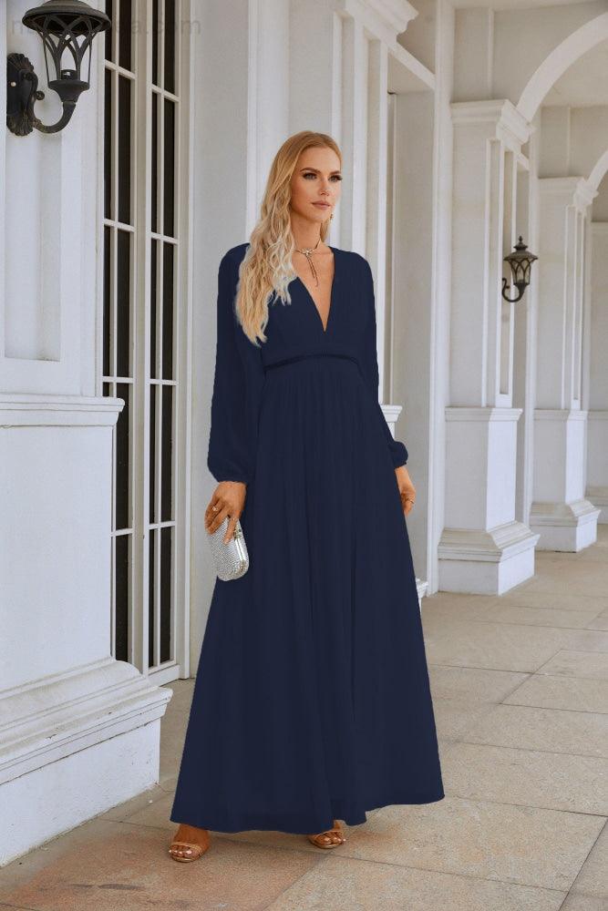 Ladies V Neck Chiffon Long Sleeve Front Slit Bridesmaid Evening Dress Wedding Party Shopping Evening Dress 28109-numbersea