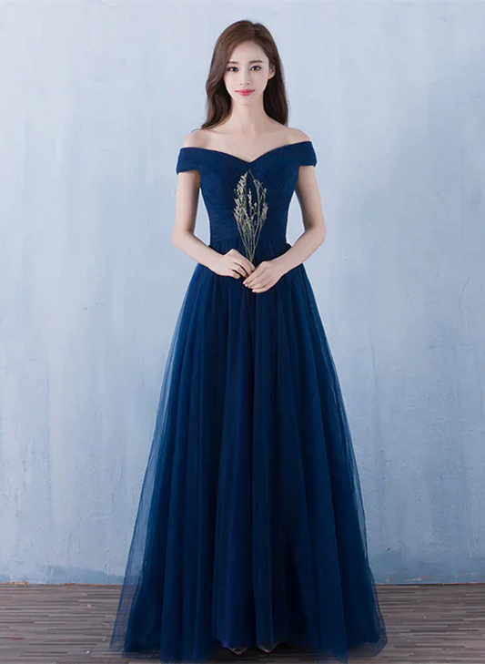 Lovely Navy Blue Tulle Off Shoulder Long Prom Dress , Tulle Bridesmaid Dresses