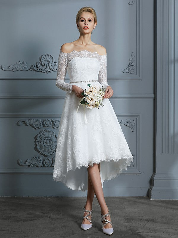 Wedding Dresses Princess Long Sleeves Off-the-Shoulder Asymmetrical Lace