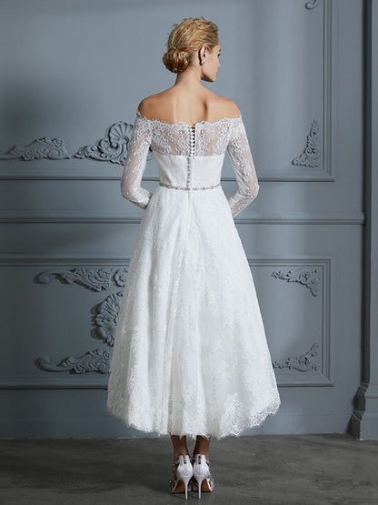 Wedding Dresses Princess Long Sleeves Off-the-Shoulder Asymmetrical Lace