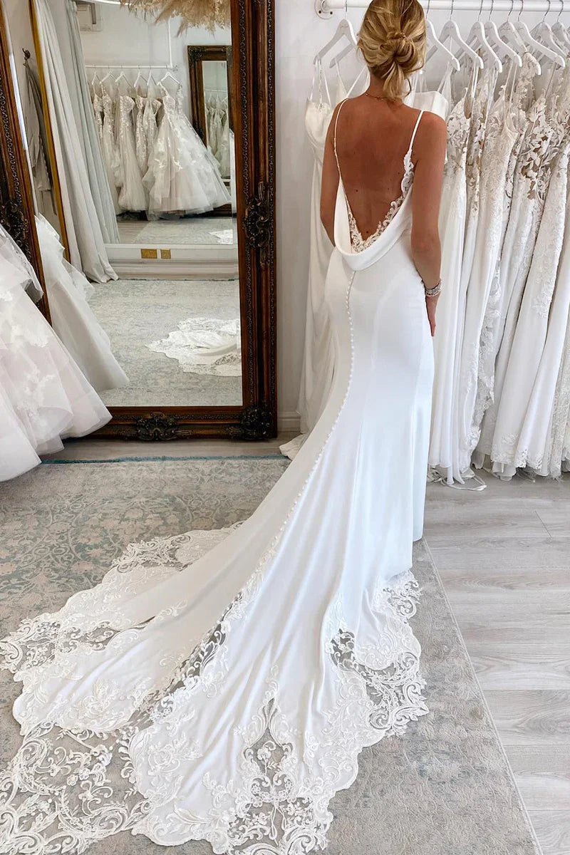 Wedding Dress White Spaghetti Straps Long Mermaid with Lace