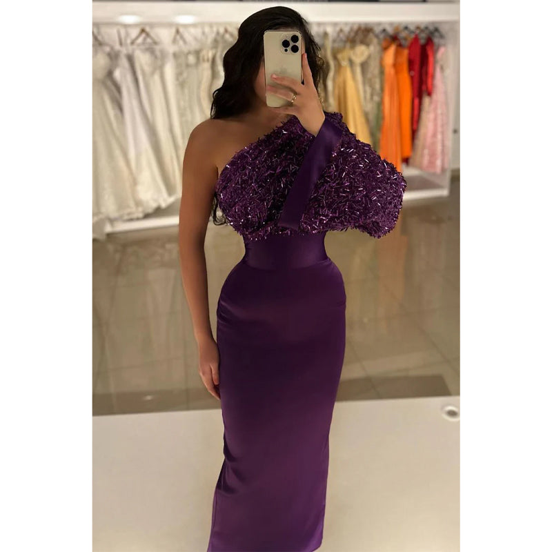 Purple One Shoulder Sequins Long Prom Dress Evening Gowns