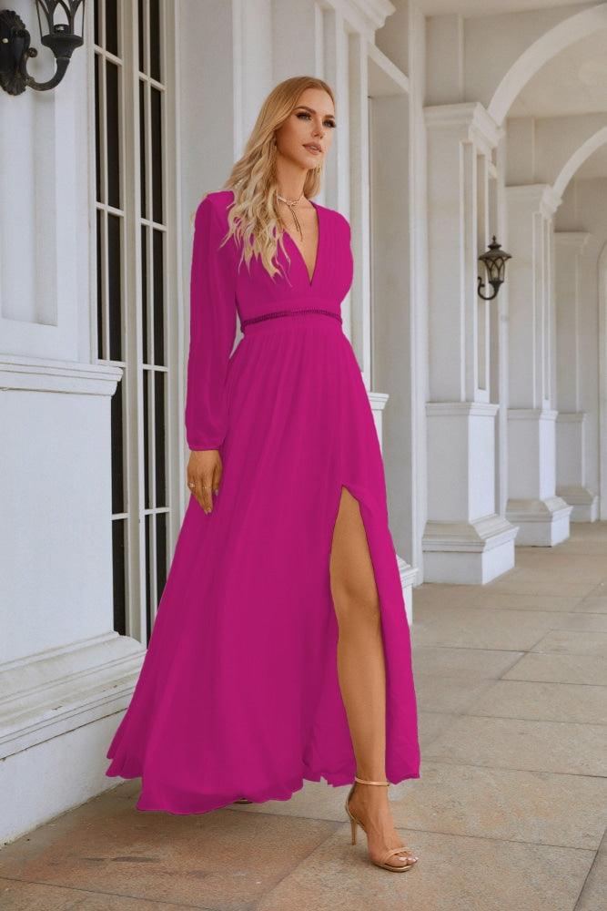 Ladies V Neck Chiffon Long Sleeve Front Slit Bridesmaid Evening Dress Wedding Party Shopping Evening Dress 28109-numbersea