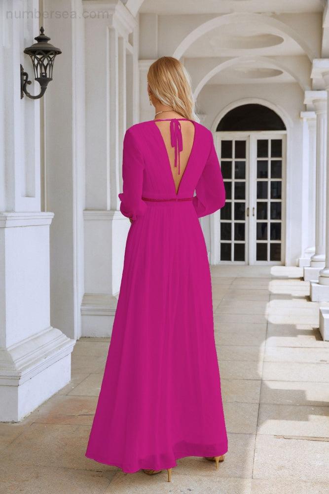 Ladies V Neck Chiffon Long Sleeve Front Slit Bridesmaid Evening Dress Wedding Party Shopping Evening Dress 28109-numbersea