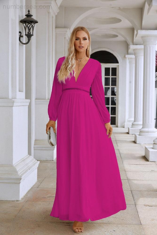 Ladies V Neck Chiffon Long Sleeve Front Slit Bridesmaid Evening Dress Wedding Party Shopping Evening Dress 28109-numbersea