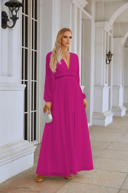 Ladies V Neck Chiffon Long Sleeve Front Slit Bridesmaid Evening Dress Wedding Party Shopping Evening Dress 28109-numbersea