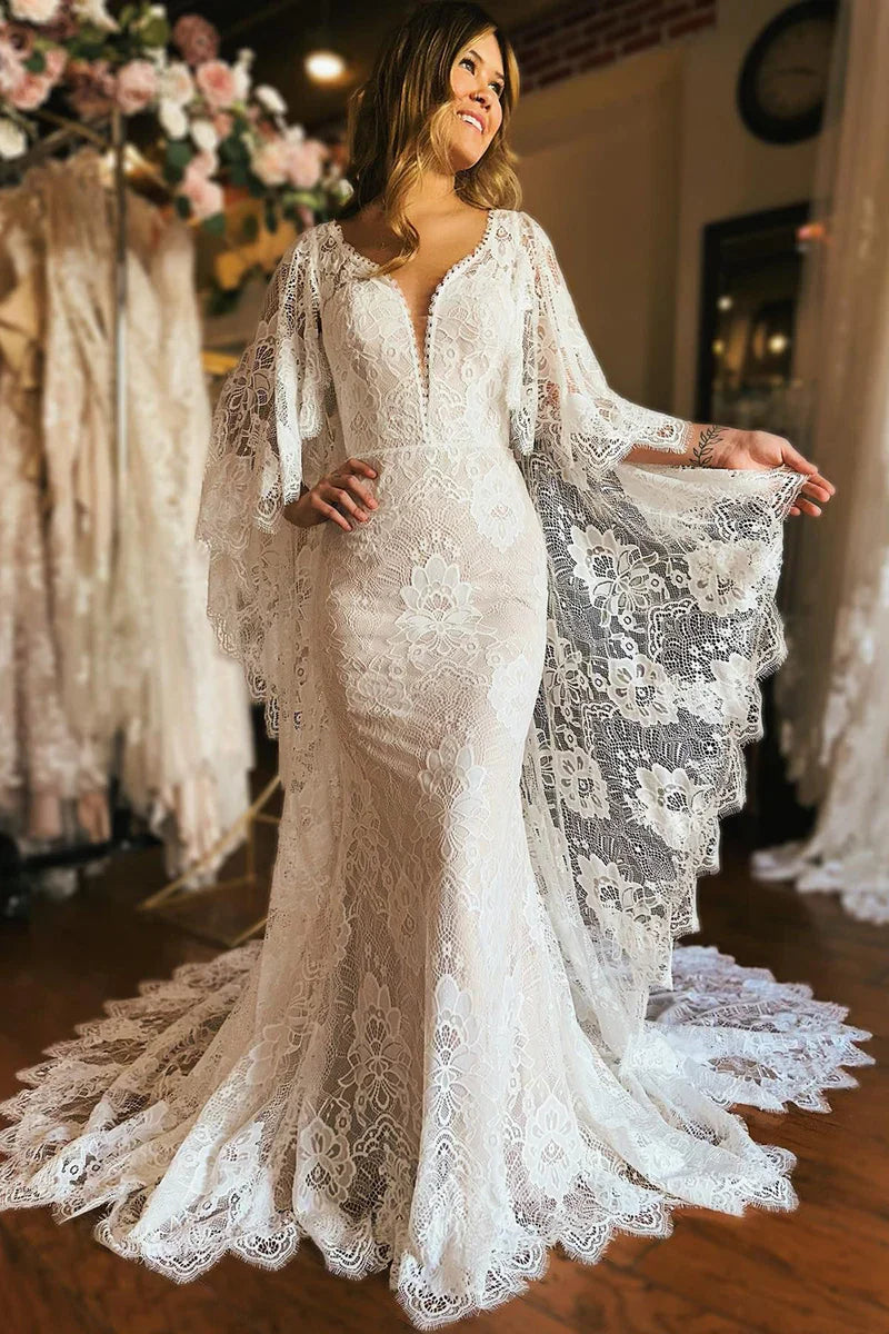 Wedding Dress Ivory Long Sleeve Cape Lace Mermaid with Appliques