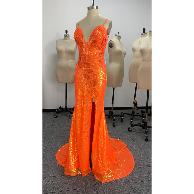 Spaghetti Straps Orange Sequins Appliques Long Prom Dress with Slit