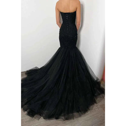 Sexy tiefem V-Ausschnitt Perlen schwarzes Meerjungfrau formales Partykleid mit Schleppe 