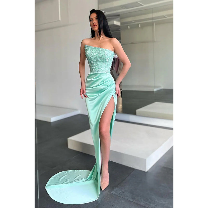 Strapless Sequis Pleats Long Prom Dress with Slit