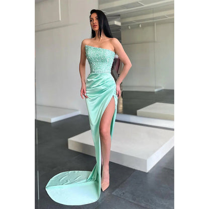 Strapless Sequis Pleats Long Prom Dress with Slit