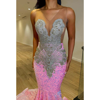 Sheath/Column V-Neck Sequined Beaded Sleeveless Prom Evening Formal Dress