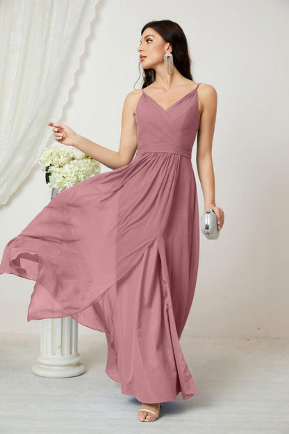 Numbersea Chiffon V-Neck Bridesmaid Dress Spaghetti Strap Long Formal Party Prom Gowns with Slit 28010-numbersea