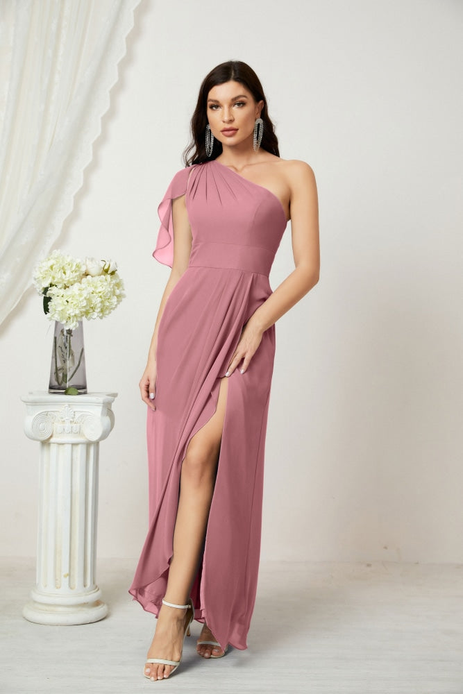 Numbersea Chiffon Ruffled One Shoulder Long Bridesmaid Dresses A-line Formal Evening Gown Side Split 2809-numbersea