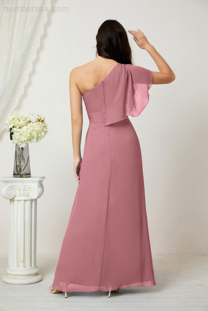 Numbersea Chiffon Ruffled One Shoulder Long Bridesmaid Dresses A-line Formal Evening Gown Side Split 2809-numbersea