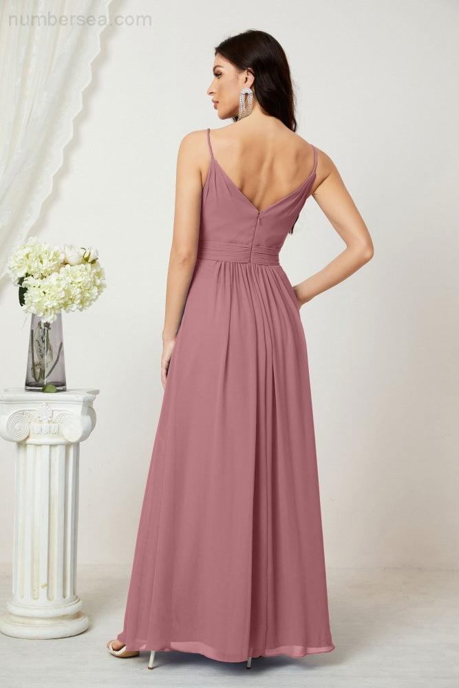 Numbersea Chiffon V-Neck Bridesmaid Dress Spaghetti Strap Long Formal Party Prom Gowns with Slit 28010-numbersea