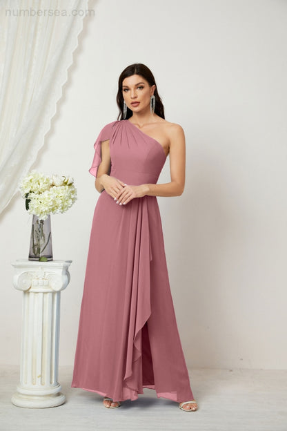 Numbersea Chiffon Ruffled One Shoulder Long Bridesmaid Dresses A-line Formal Evening Gown Side Split 2809-numbersea