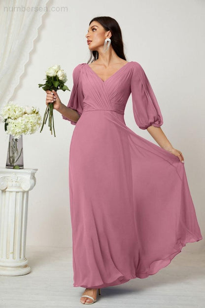 Numbersea Formal Prom Gown Women V-Neck Chiffon Bridesmaid Dresses Long Bishop Sleeve Party Dress 2807-numbersea