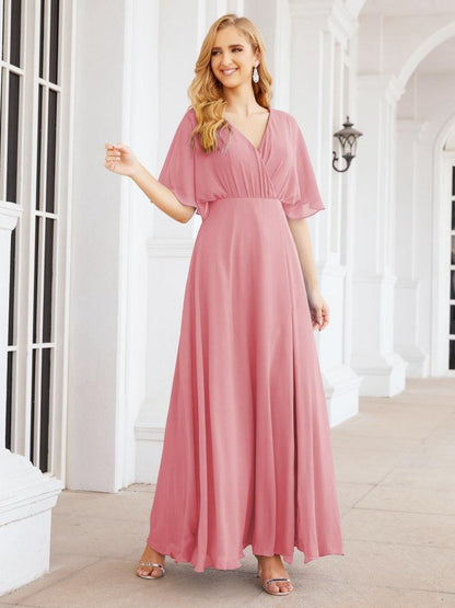 Numbersea V-Neck Bridesmaid Dress Chiffon Long Open Back Formal Dresses for Women Party Evening 28067-numbersea