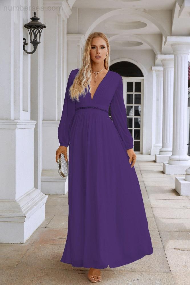 Ladies V Neck Chiffon Long Sleeve Front Slit Bridesmaid Evening Dress Wedding Party Shopping Evening Dress 28109-numbersea