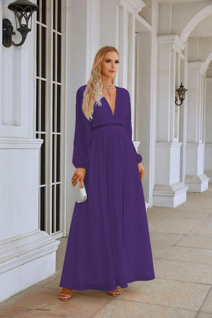 Ladies V Neck Chiffon Long Sleeve Front Slit Bridesmaid Evening Dress Wedding Party Shopping Evening Dress 28109-numbersea