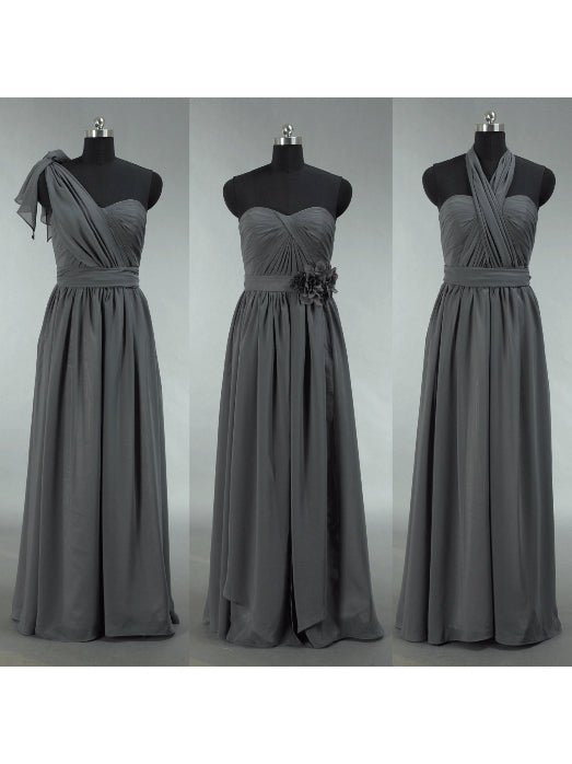 NumberSea - Convertible Dark Grey Chiffon Bridesmaid Dress A - line One Shoulder Halter - neck Strapless Sweetheart