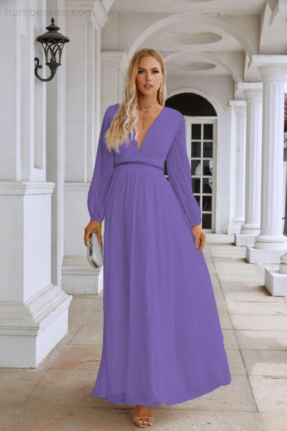 Ladies V Neck Chiffon Long Sleeve Front Slit Bridesmaid Evening Dress Wedding Party Shopping Evening Dress 28109-numbersea