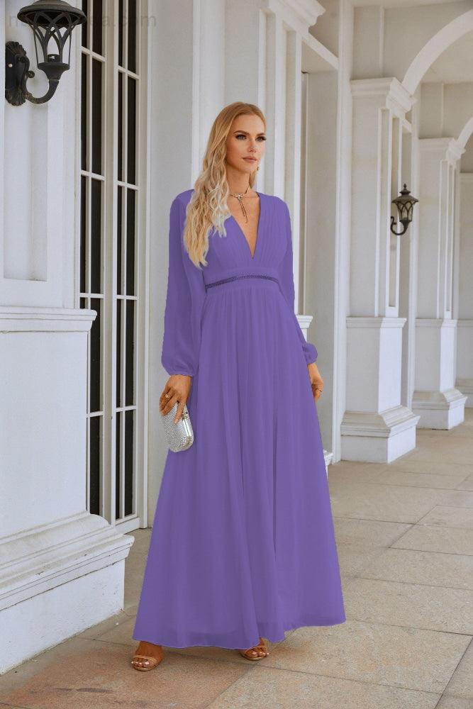 Ladies V Neck Chiffon Long Sleeve Front Slit Bridesmaid Evening Dress Wedding Party Shopping Evening Dress 28109-numbersea