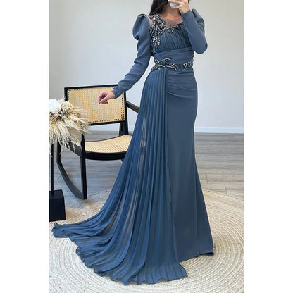 Unique Beaded Round A-line Chiffon Dusty Blue Long Prom Dress Evening Gown