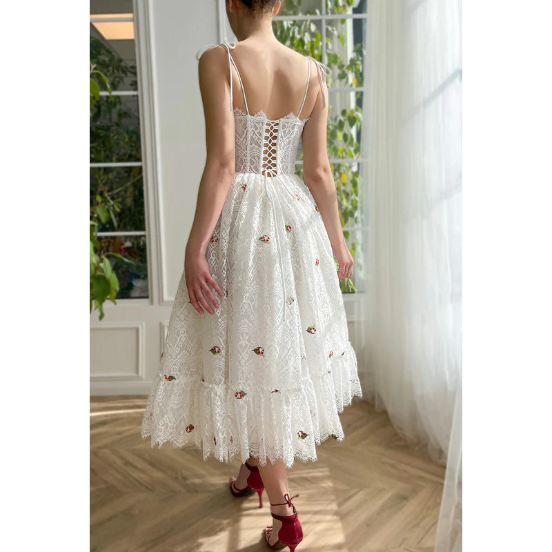 Spaghetti Straps Appliqued Sheer Lace A-Line Tea Length Evening Prom Dress