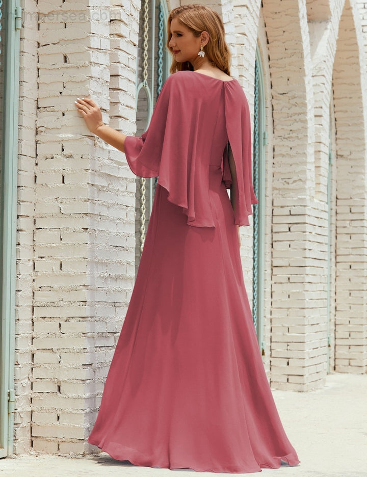 Numbersea Bridesmaid Dress Women Long Sleeve V-Neck Chiffon Formal Wedding Party 28018