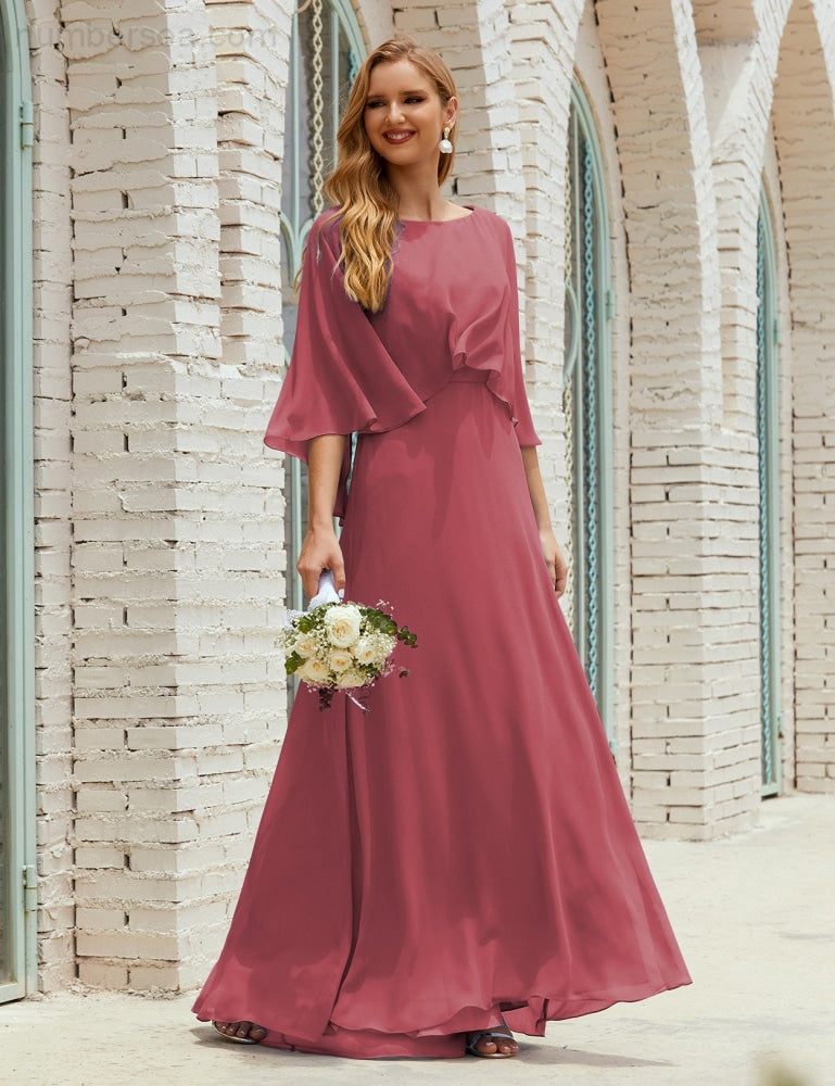 Numbersea Bridesmaid Dress Women Long Sleeve V-Neck Chiffon Formal Wedding Party 28018