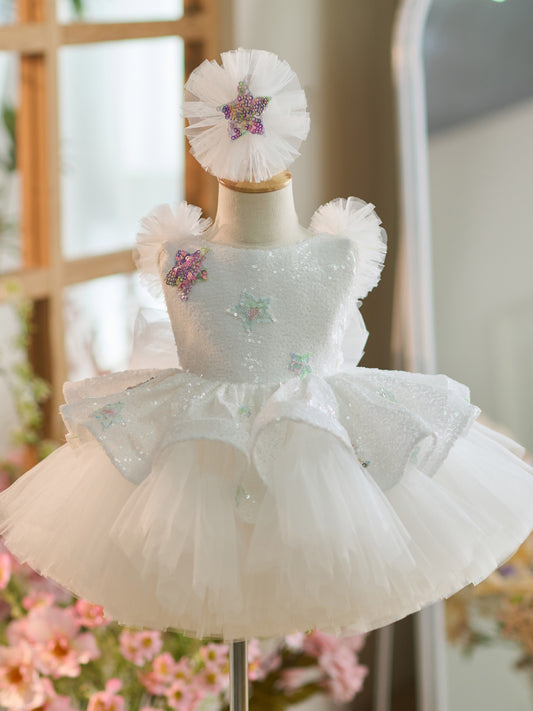 White Sequins Tulle Knee-length 1st Birthday Party Dress