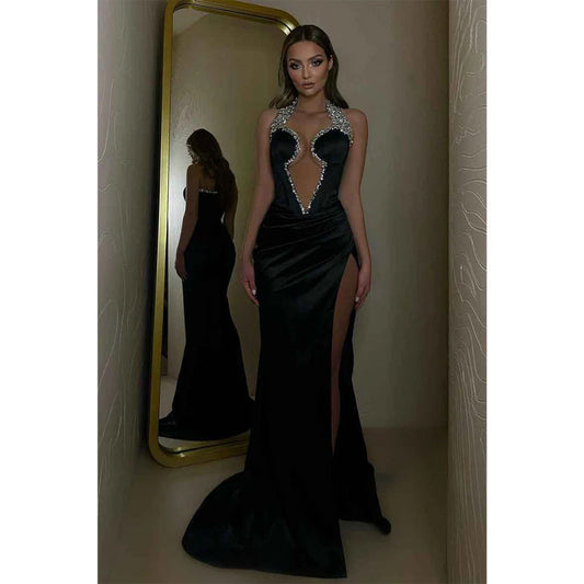 Plunging V Neck Beads Black Mermaid Formal Party Dress with Slit