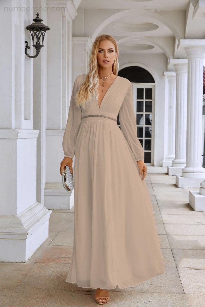 Ladies V Neck Chiffon Long Sleeve Front Slit Bridesmaid Evening Dress Wedding Party Shopping Evening Dress 28109-numbersea