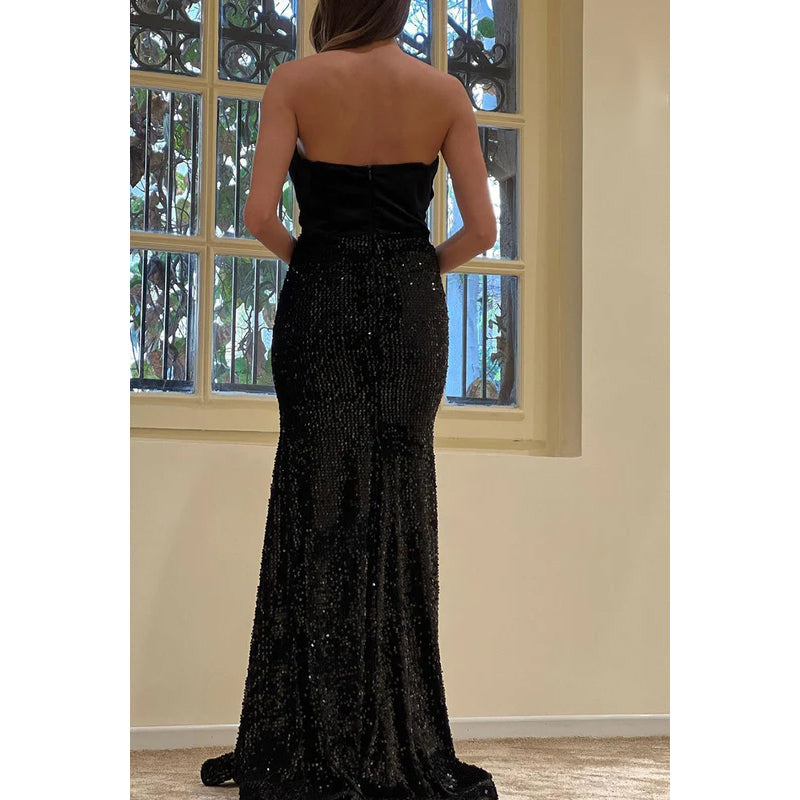 V-Neck Strapless Ruched Sequined Satin Sheath Long Prom Evening Gown