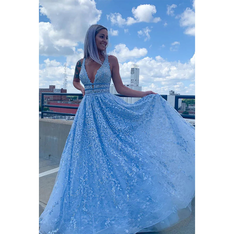 Sky Blue Lace Deep V-neck A-line Long Prom Dress