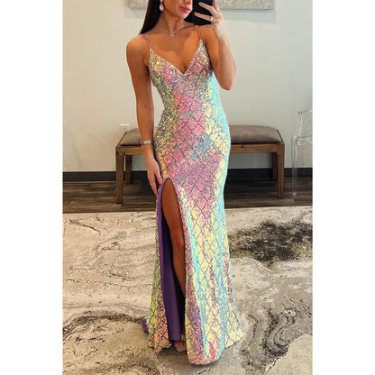 Sparkly V-neck Spaghetti Straps with Side Slit Party Prom Evening Dress